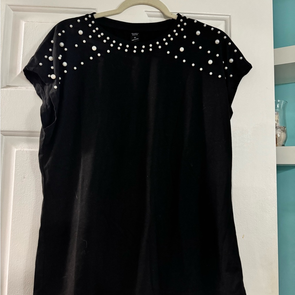 Emery Rose Black Top with Pearl Detailing